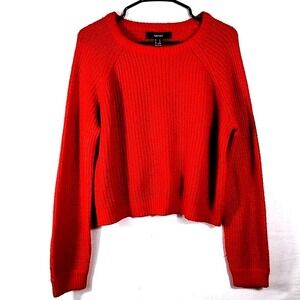 Forever 21 Womens M Cropped Ribbed Knit Sweater Red Raglan Long Sleeve Pullover